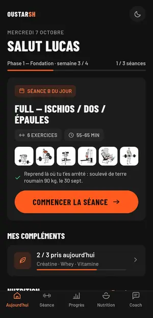 Écran « Aujourd’hui » de l’app : séance du jour, compléments, nutrition et habitudes