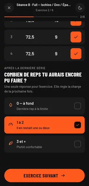 Écran séance : séries validées et question sur la difficulté ressentie